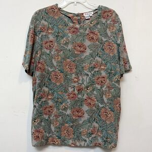 Talbots 100% Silk Floral Blouse Top Short Sleeve Botanical Print Women’s Size 16